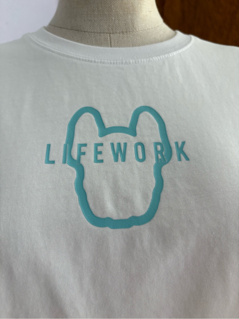 LIFEWORK Korea sz S White Crop Tee Teal French Bulldog Frenchie Tshirt - Picture 6 of 8